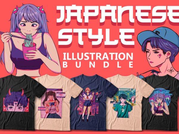 Japanese style illustration t shirt design bundle, Anime character bundles,  Japan daily life, Japanese graphic vector - Thefancydeal
