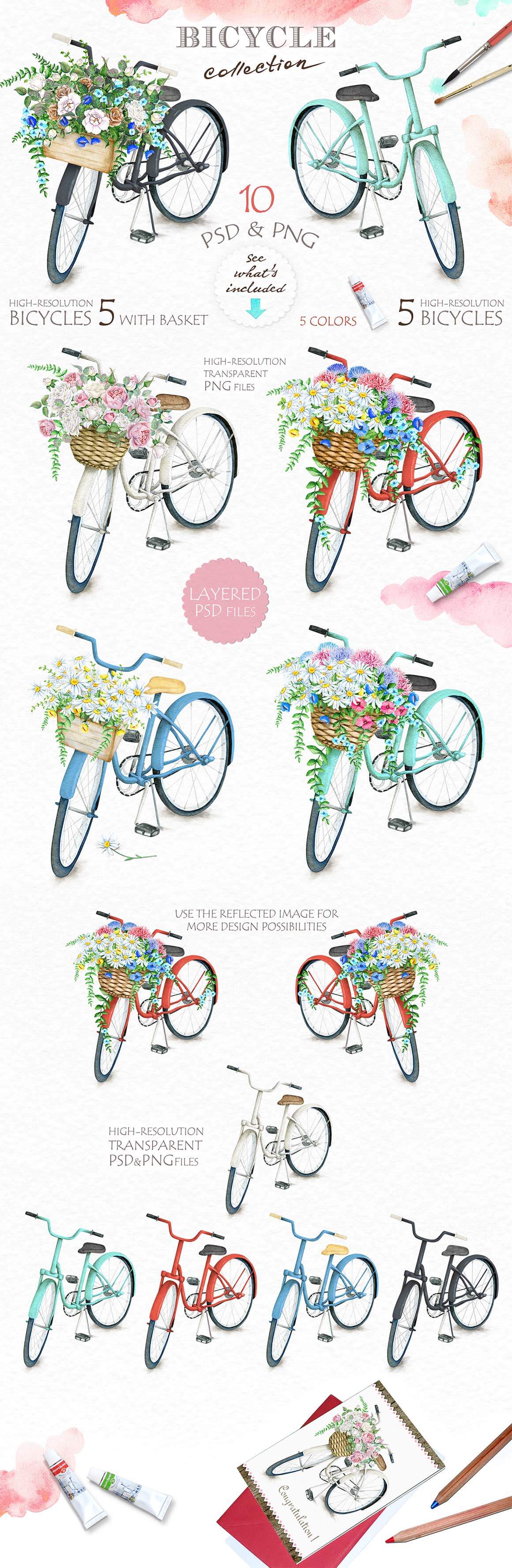 Watercolor Bicycle & Flowers