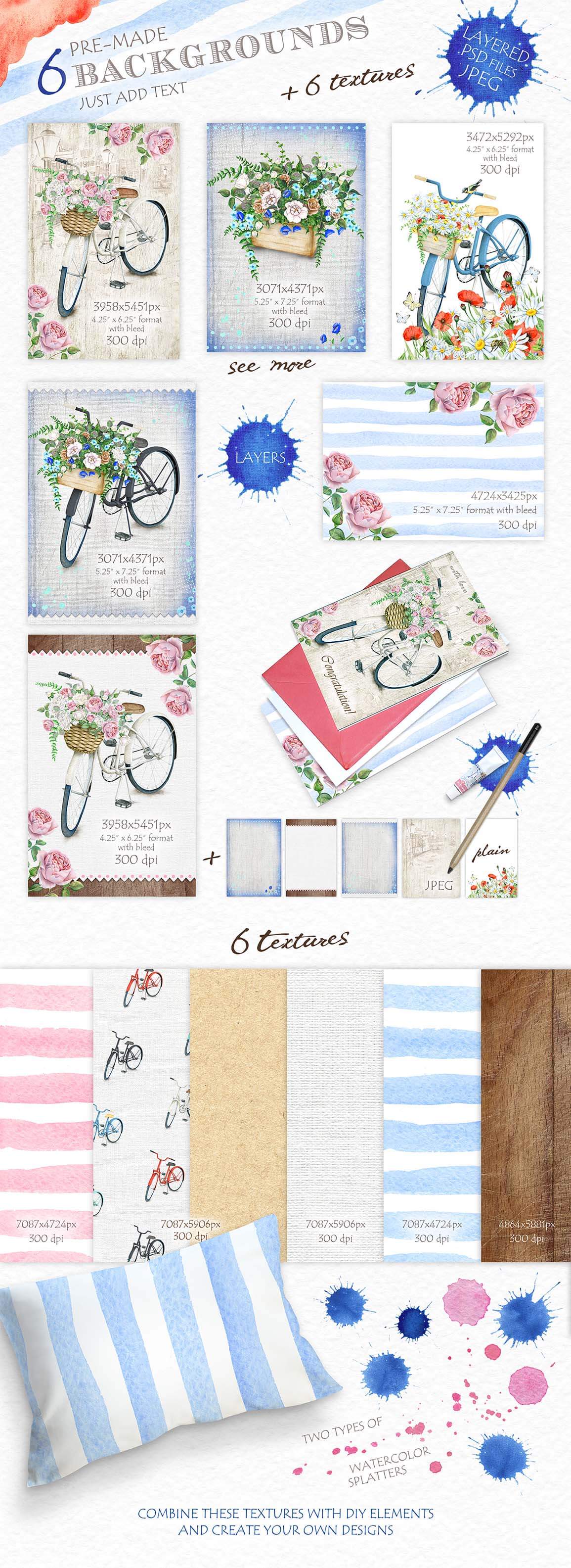 Watercolor Bicycle & Flowers