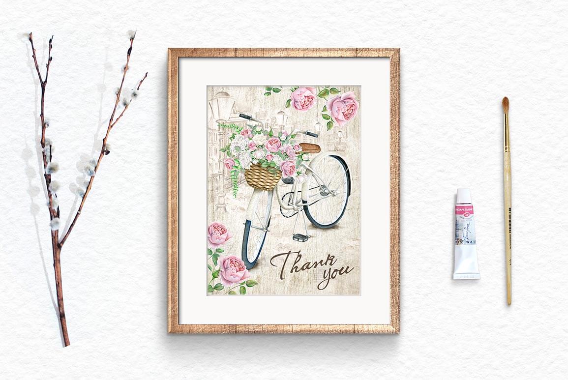 Watercolor Bicycle & Flowers