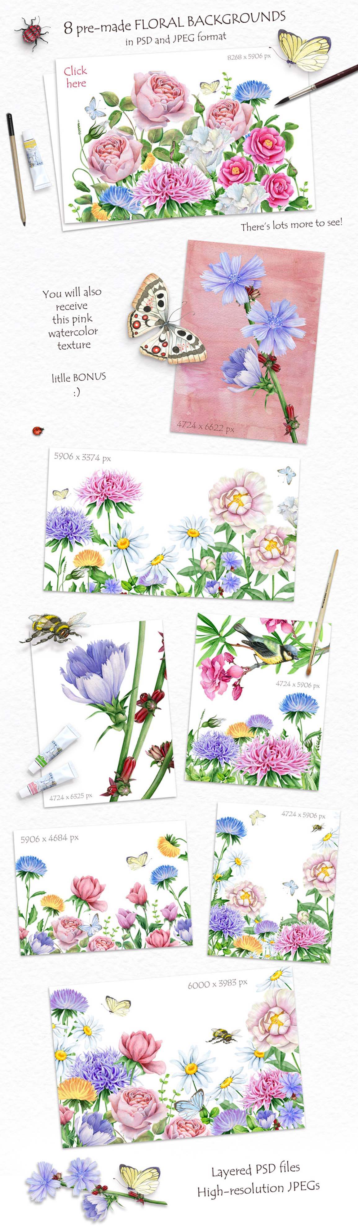 Watercolor Flowers and Bird