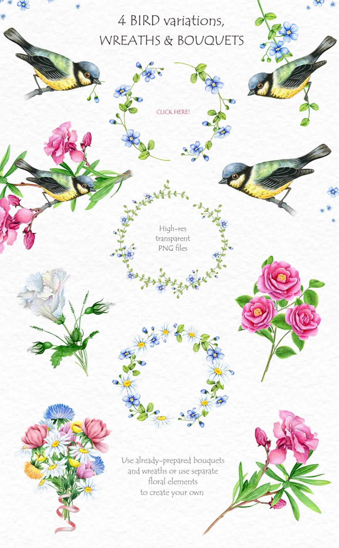 Watercolor Flowers and Bird