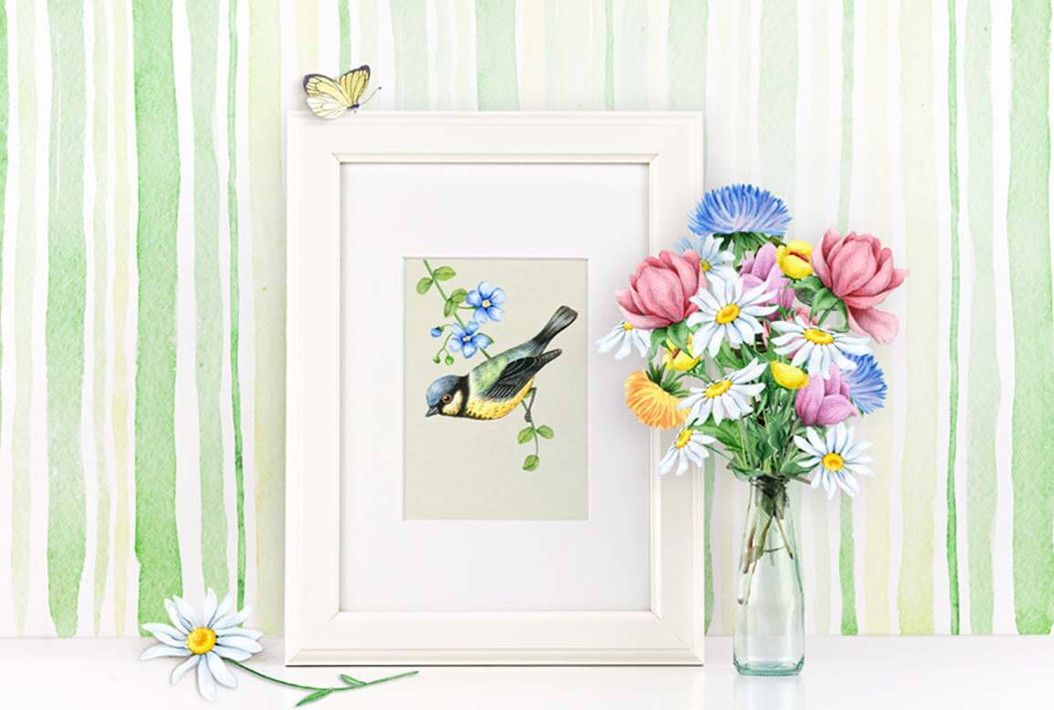 Watercolor Flowers and Bird